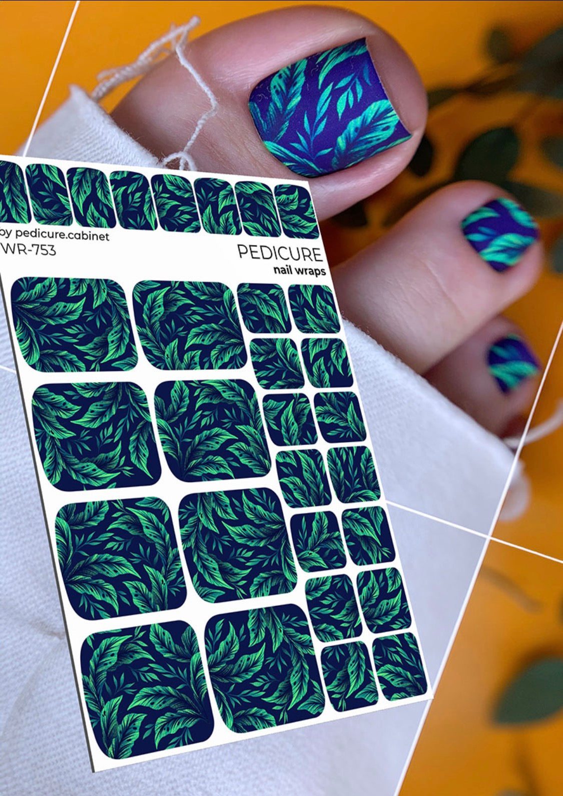 Pedicure Leaves on dark. Nail wrap WR-753
