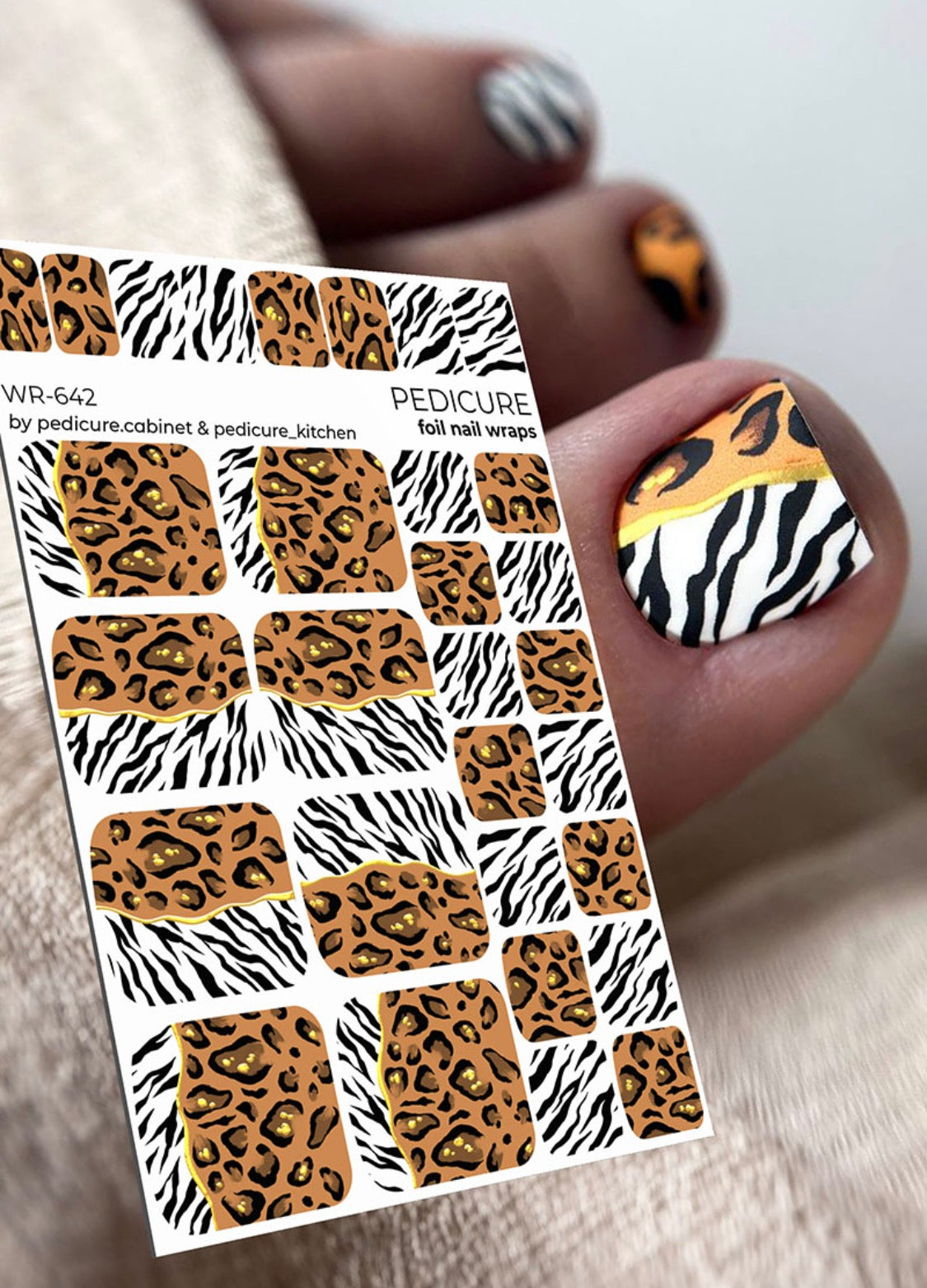 Pedicure Mix Zebra and Leo. Foil gold. Nail wrap WR-642