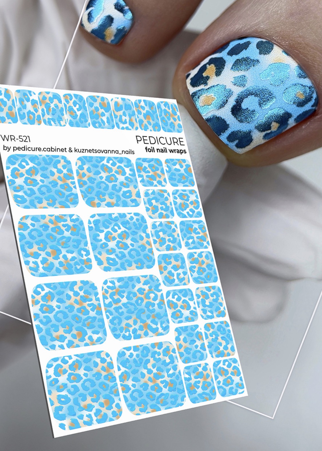 Pedicure Leo Blue and Strokes. Colored Foil. Nail wraps WR-521