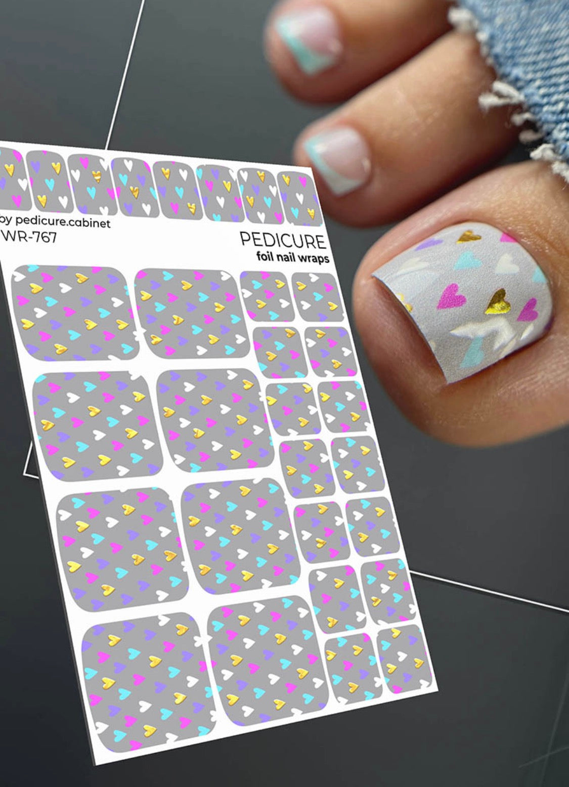 Pedicure Hearts gray background. Foil gold. Nail wrap WR-767