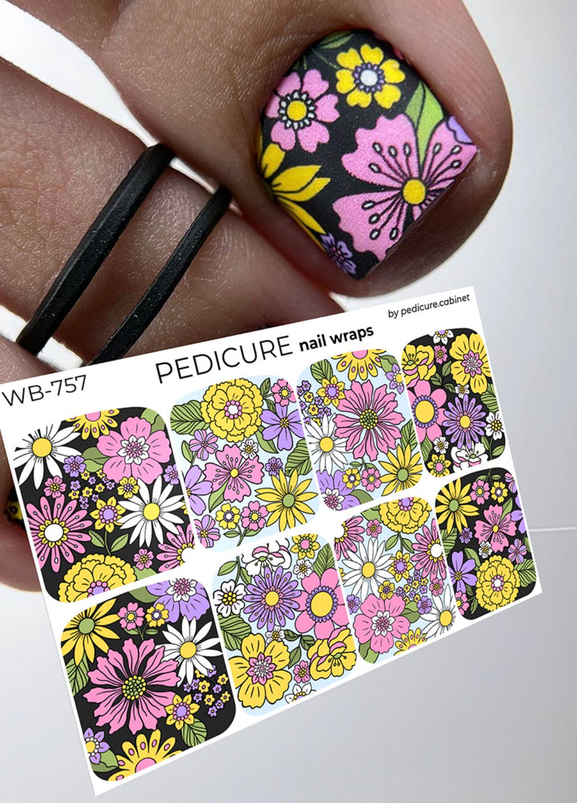 Pedicure Flowers blue and black background. Large. Nail wrap WB-757