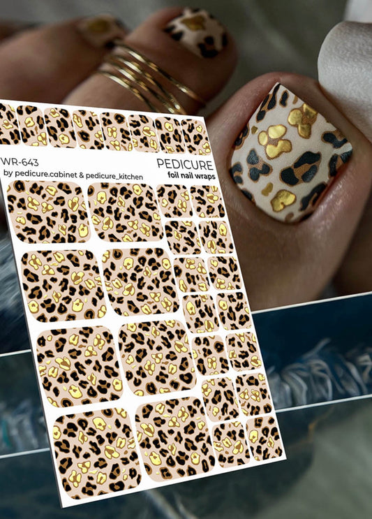 Pedicure Brown Leopard. Foil gold. Nail wrap WR-643