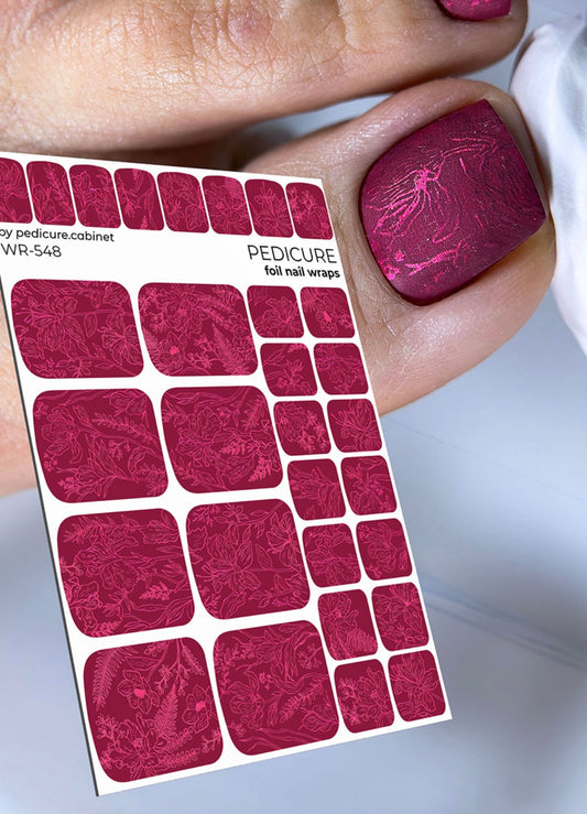 Pedicure Burgundy Leaves. Colored Foil. Nail wraps WR-548