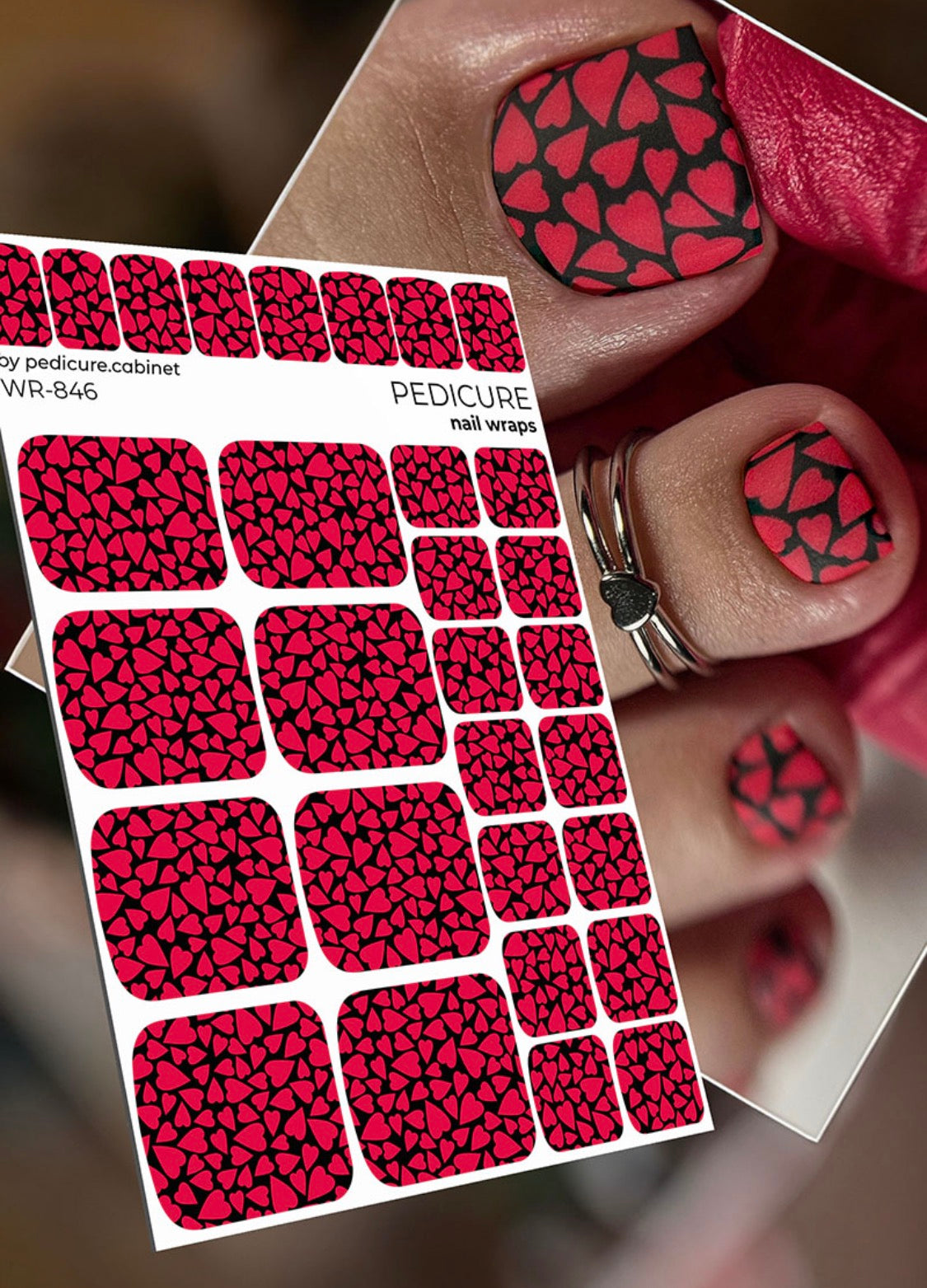 Pedicure Heart. Black background. Nail wrap WR-846