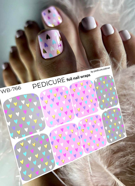 Pedicure Hearts gray and pink background. Foil gold. Large. Nail wrap WB-766